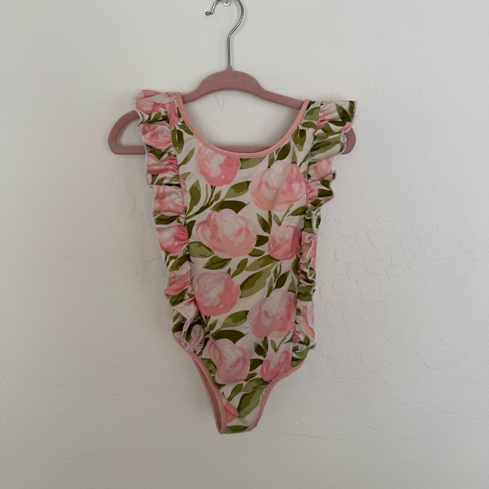 SweetHoney Pink and Green Floral Swimsuit with Ruffles